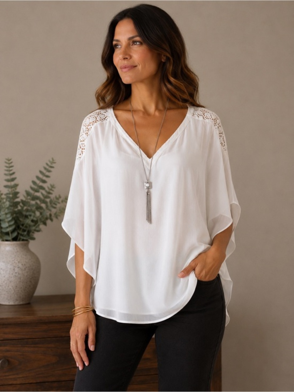 NWT I.N. Studio White Popover Top with Necklace 100% Polyester Size 1X